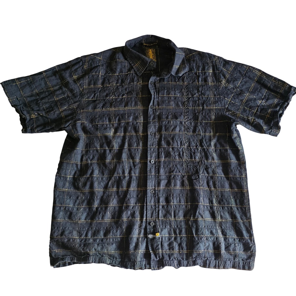 Vintage South Pole Y2K Cyber Black Gold Metallic Plaid Shirt Mens XL Hexagon